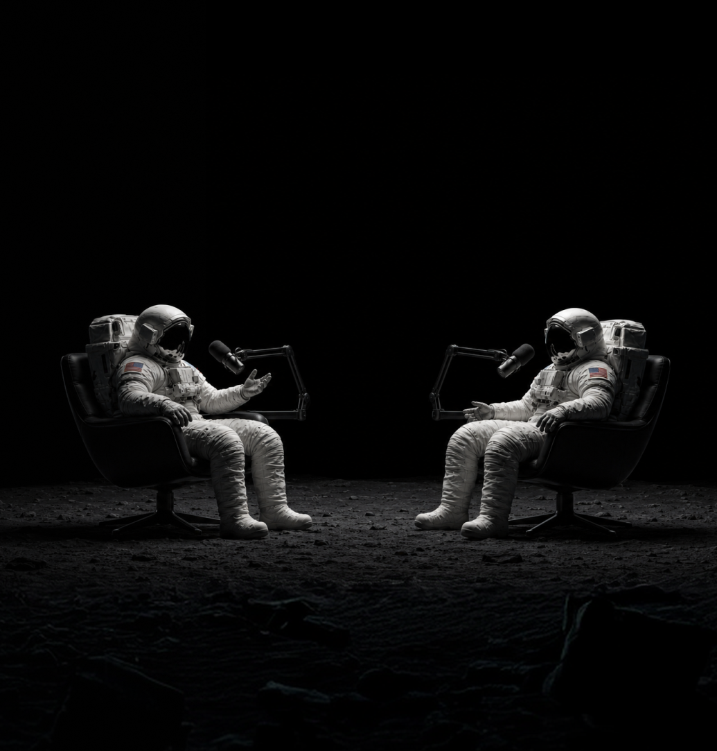 Two astronauts recording a podcast in armchairs